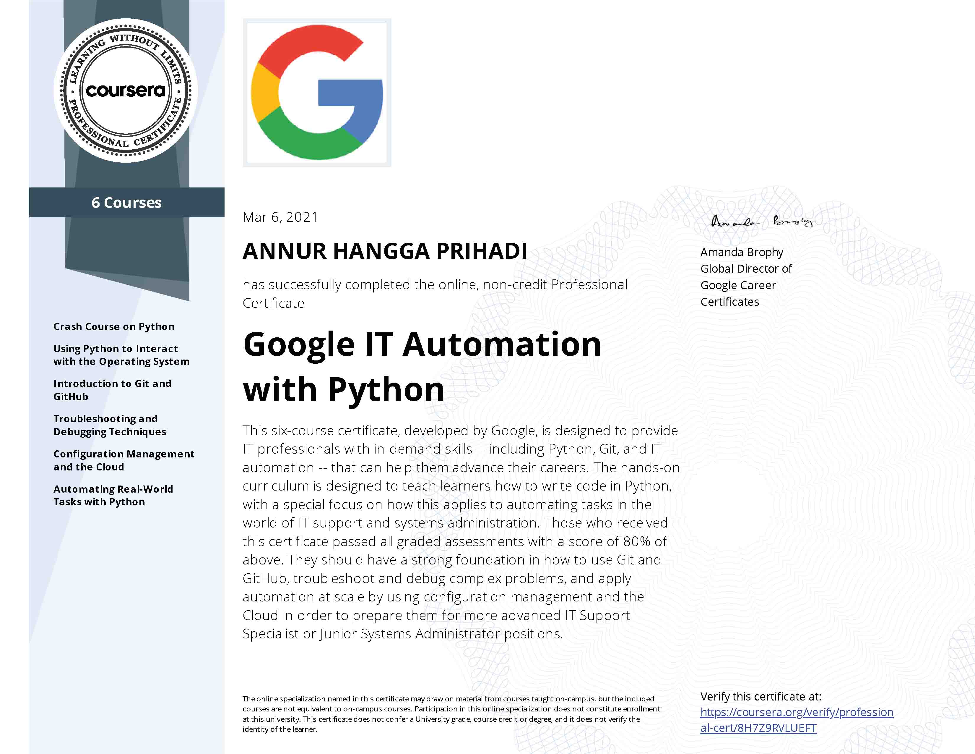 Google IT Automation with Python Specialization